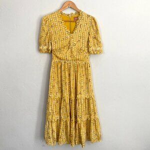 Jessakae Tiered Midi Dress Women Size XS Mustard Yellow Embroidered Floral